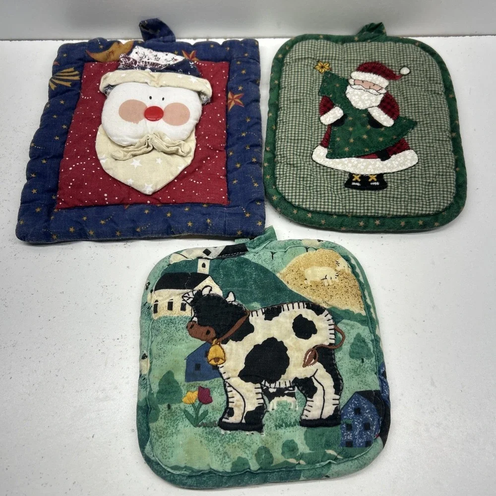 Lot Of‎ 3 Vintage Oven Mitts - Santa - Christmas - Cow - Farm